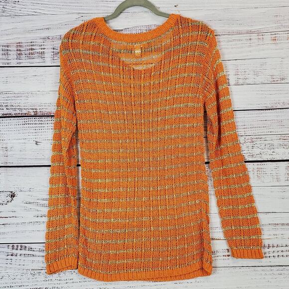 Banana Republic Tunic Crochet Knit Sweater Orange with Gold Metallic Stripes S - Picture 2 of 7